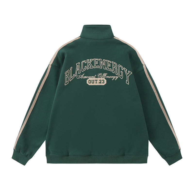 Men's American-style Retro Street Striped With Fleece Lining Half Zipper Jacket