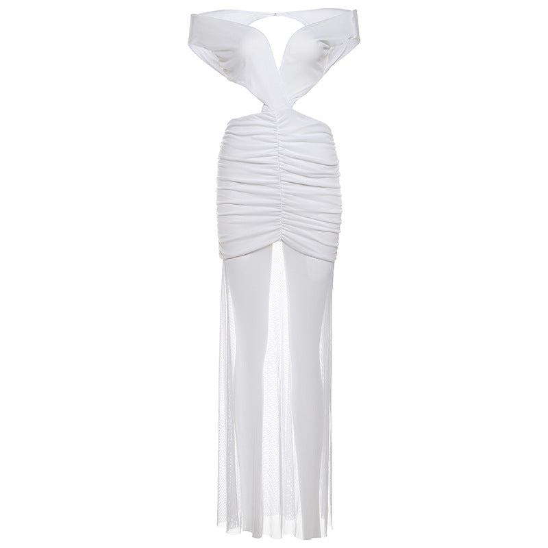 Sexy Chica Mesh Pleated Patchwork V-Neck Backless Dress