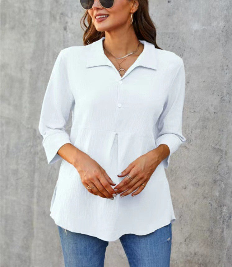 Solid-color Lapel-neck Slit Peplum Three-quarter-sleeve Womens Shirt