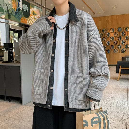 Mens Denim Patchwork Color-Block Knitted Cardigan Coat