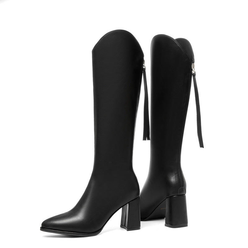 Women's Thick-heeled High Heels But Knee-high Elastic Boots Are Thin And Pointed