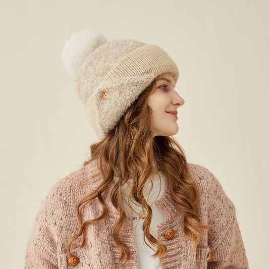 Women's Hair Ball Cone Warm Ear Protection Solid Wool Casual Pullover