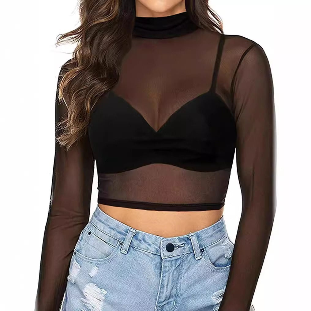Enkel Og Sexet Slim-fit Gennemsigtig Stram Langærmet Mesh Top Til Kvinder