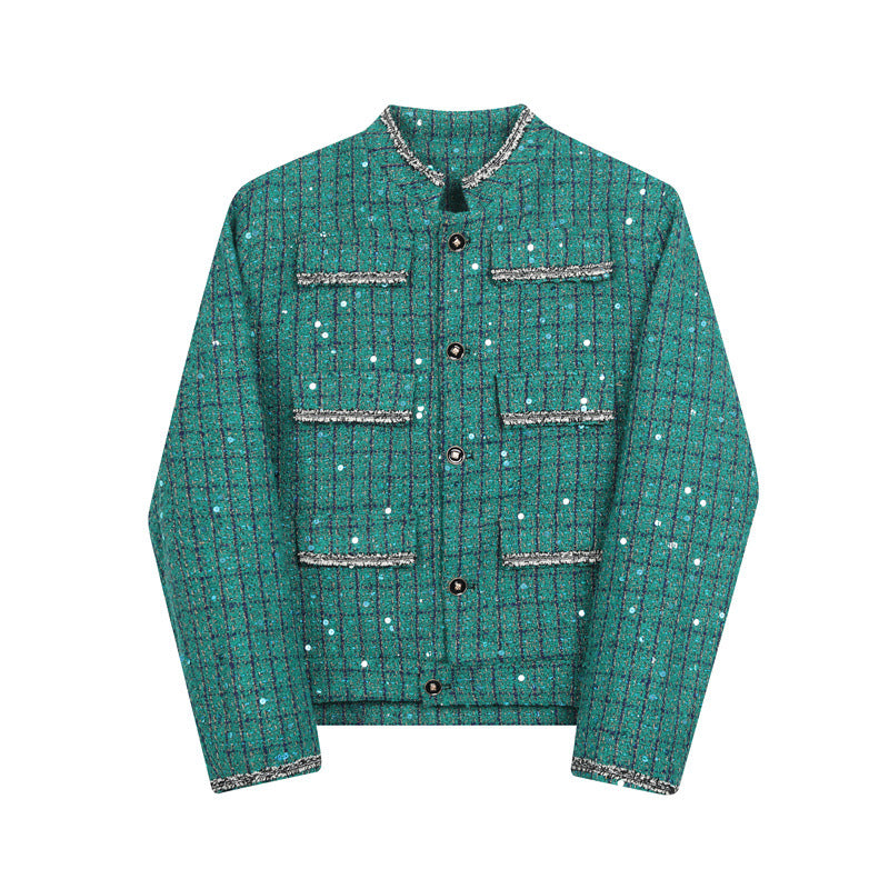 Vintage Raw Edge Multi-pocket Decorative Sequin Tweed Jacket For Men