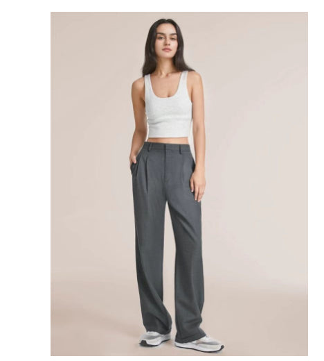 Commuter Drooping Slimming Solid Pocket High Waist Wide Leg Pants