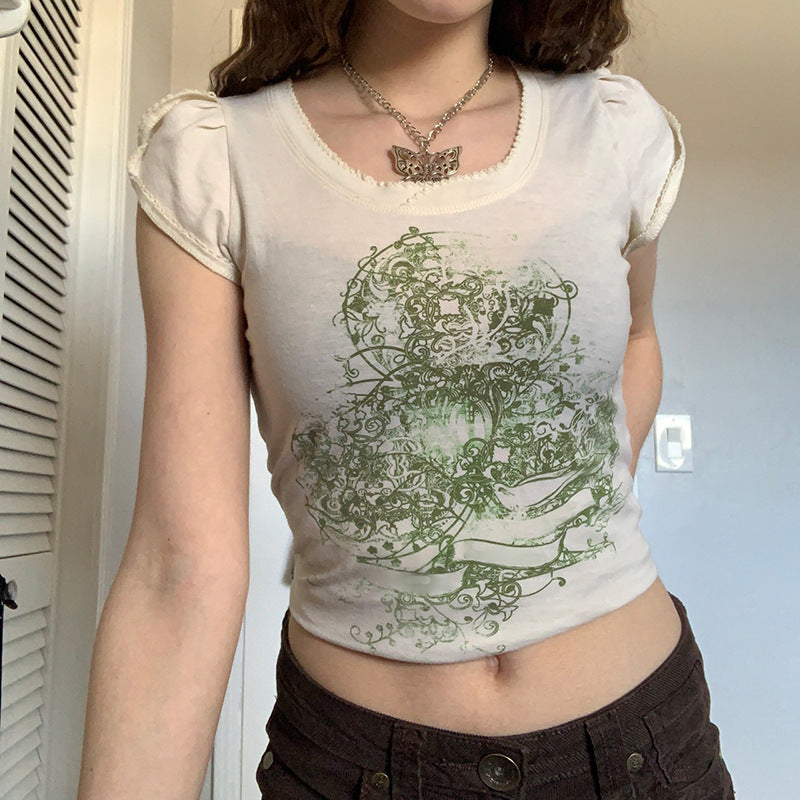 European And American Retro Print Slim Round Neck Cropped T Shirt Top