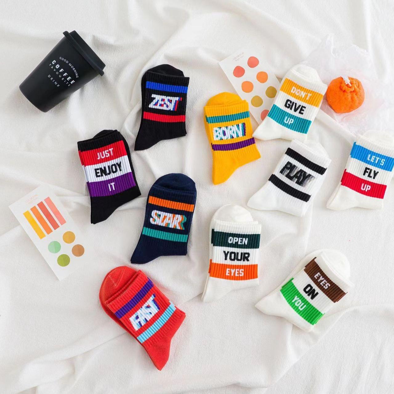 Spring And Autumn Ladies New Mid-calf English Letters Wide Stripe Combination Ins Trend Athletic Socks Combed Cotton Women's Socks Manufacturer