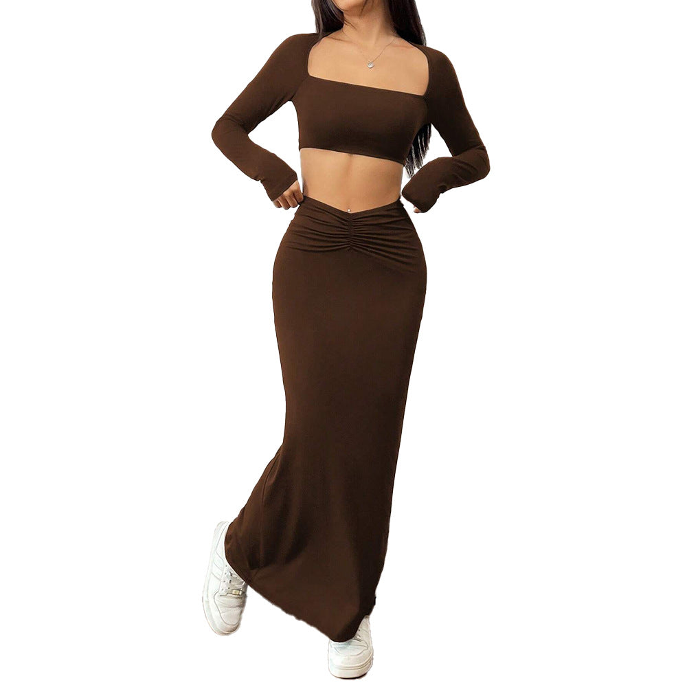 Womens Simple Elegant Fashionable Two-Piece Set Cropped Top And Long Skirt