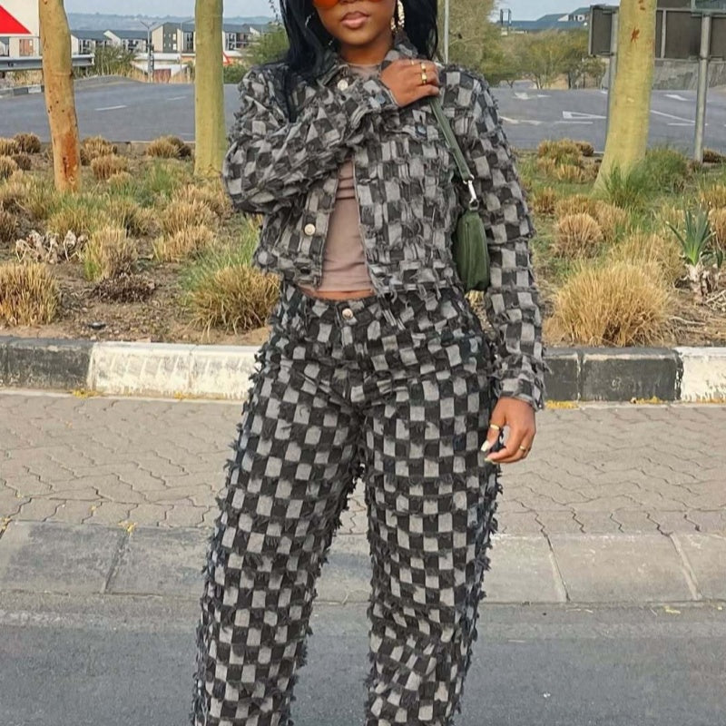 Casual Jacquard Plaid Washed Denim Suit