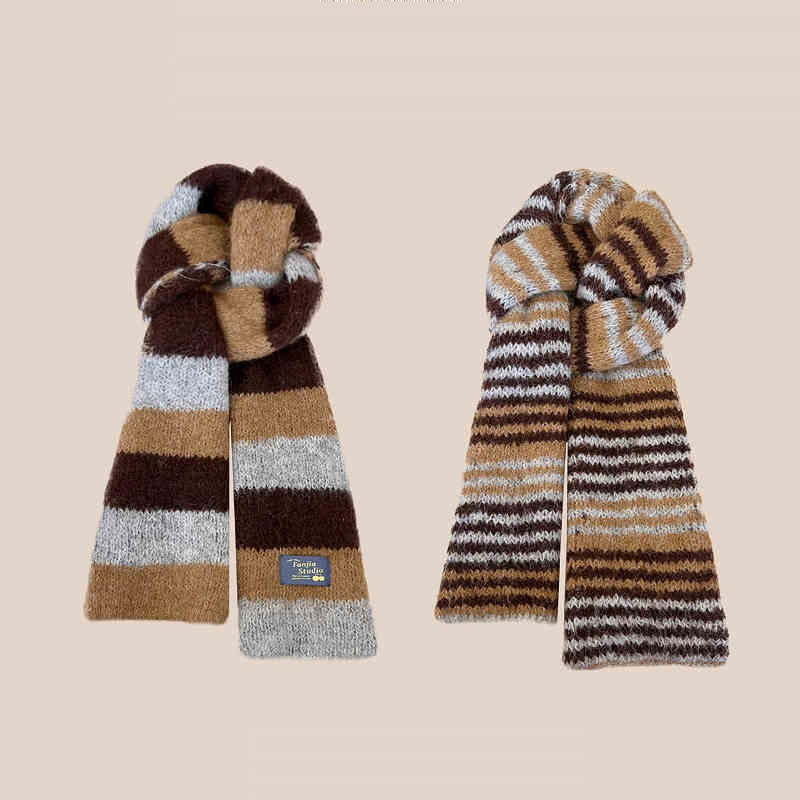 Versatile Soft Yarn Dopamine Contrasting Striped Double-sided Scarf For Women