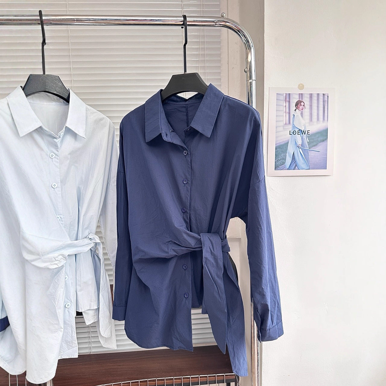 Turn-down Collar Single-breasted Tie-waist Slimming Shirt