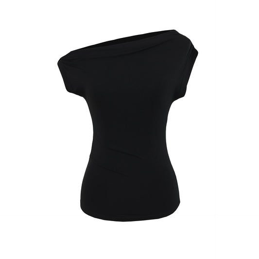 Summer New One-shoulder Cold-shoulder Pleated Slim-fit Short Sleeve