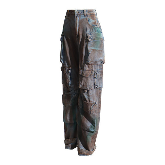 High Street-værktøjsstil Patchwork-lommefunktion Højtaljet Vidde Ben Slankende Snavsede Jeans