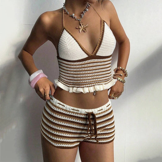 Womens Solid-Color Sexy Camisole Bikini Swimsuit Cover-Up Sun Protection Set