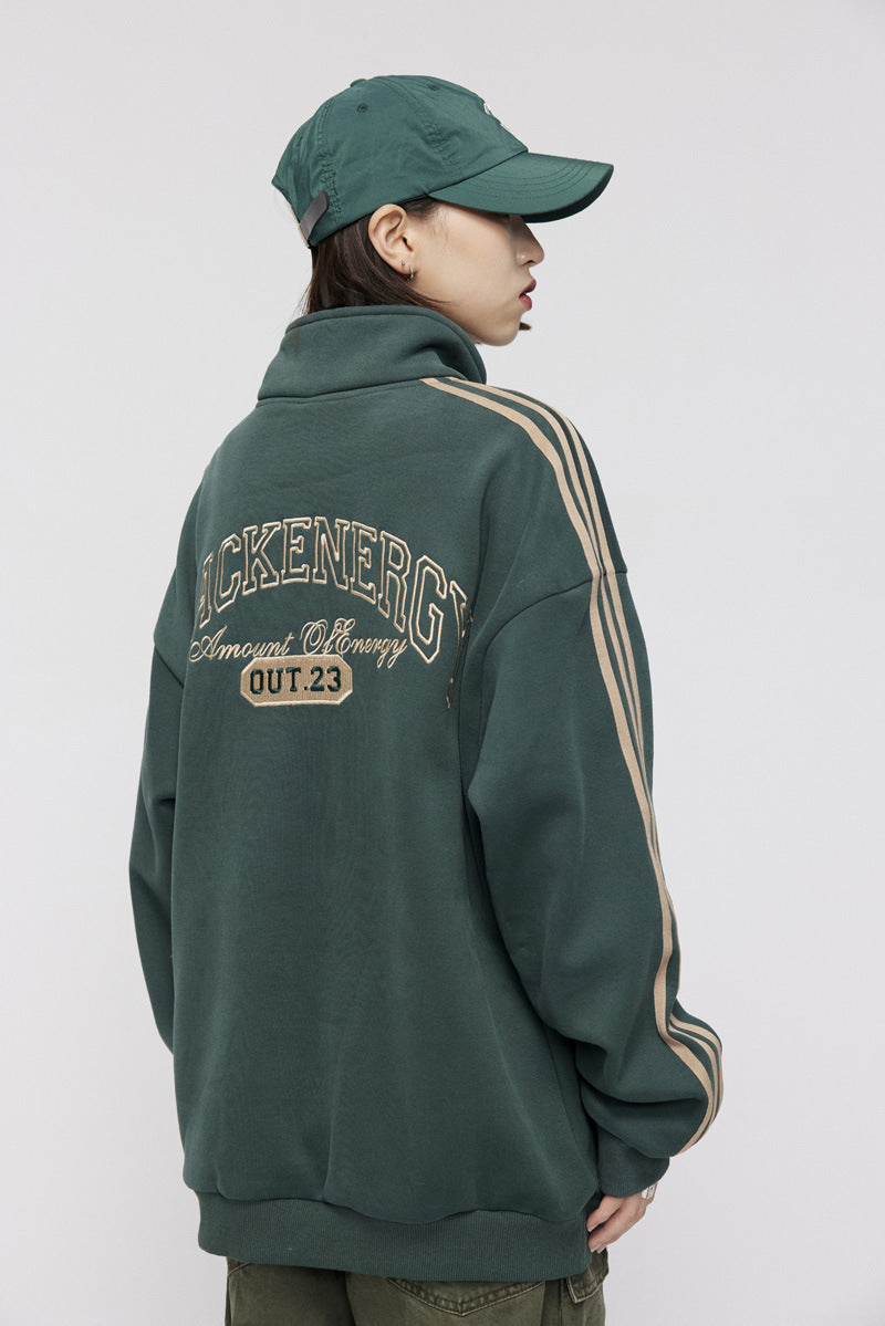 Men's American-style Retro Street Striped With Fleece Lining Half Zipper Jacket