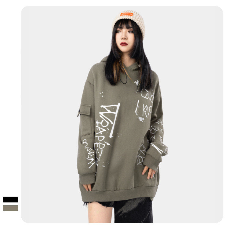 High Street Hip Hop Graffiti Embroidered Print Hoodie