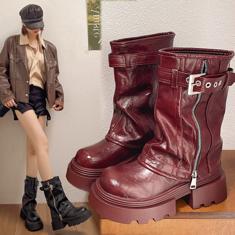 Autumn And Winter British Style Retro Denim Western Knight Boots Small Raise The Bottom Chunky Heel