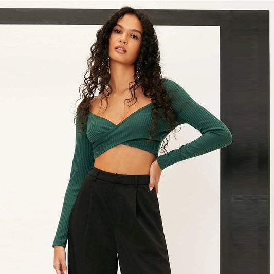 Sexet Croptop V-hals Ensfarvet Alsidig Slim-fit Strikket T-shirt til Kvinder