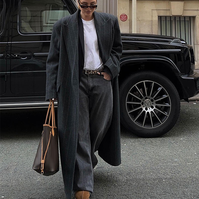 Lapel Long Sleeve Long Overcoat Outerwear Temperament Commute Stripes