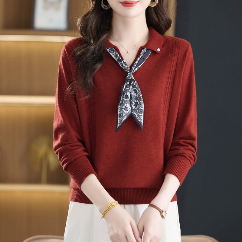 Womens Polo-neck Long-sleeve Knit Sweater