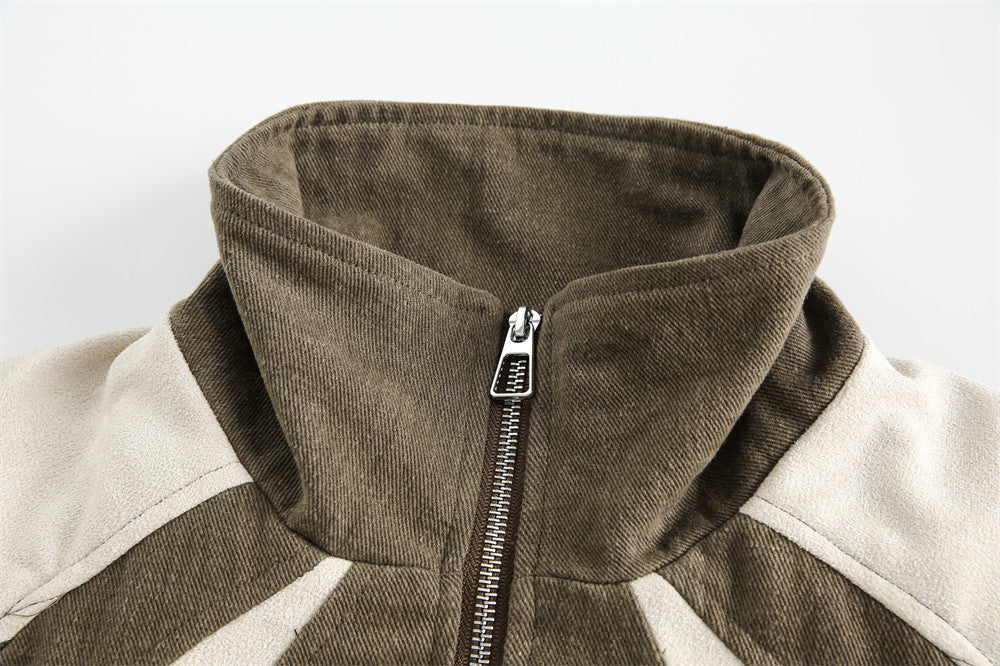 Street Fashion Color Contrast Patchwork Stand Collar Loose Jacket Men