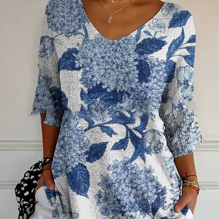 Floral 3d Printed Women's V-neck T-shirt Printed Round Neck Short Sleeve