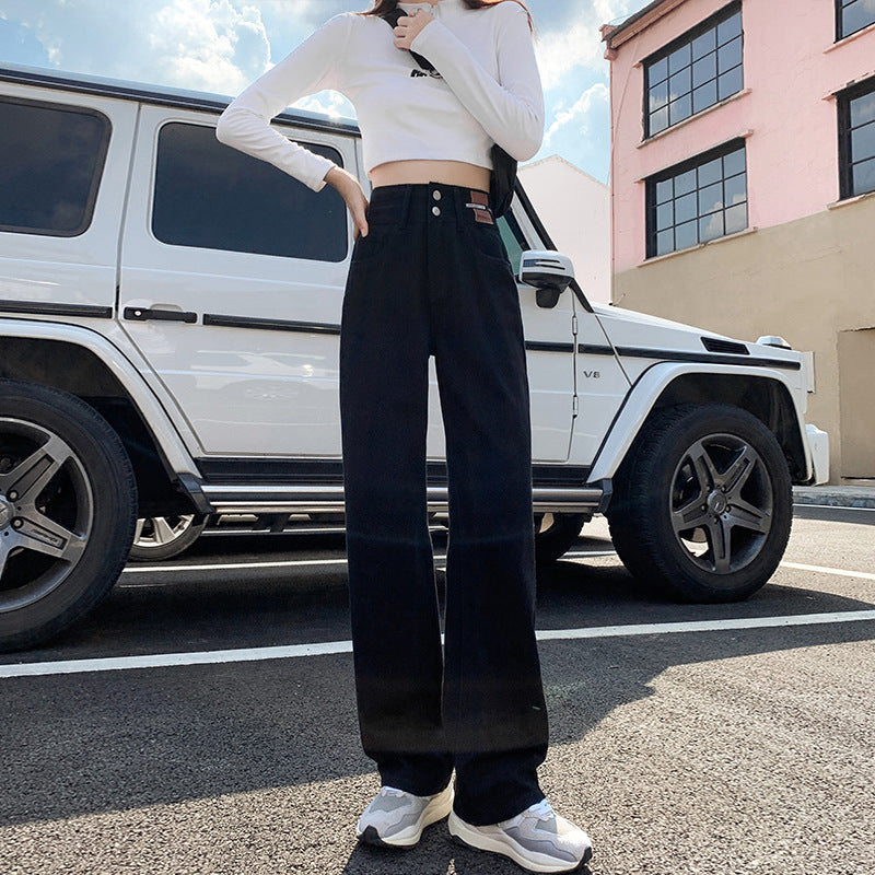 Women's High Waist Straight Loose And Slim Double Button Jeans