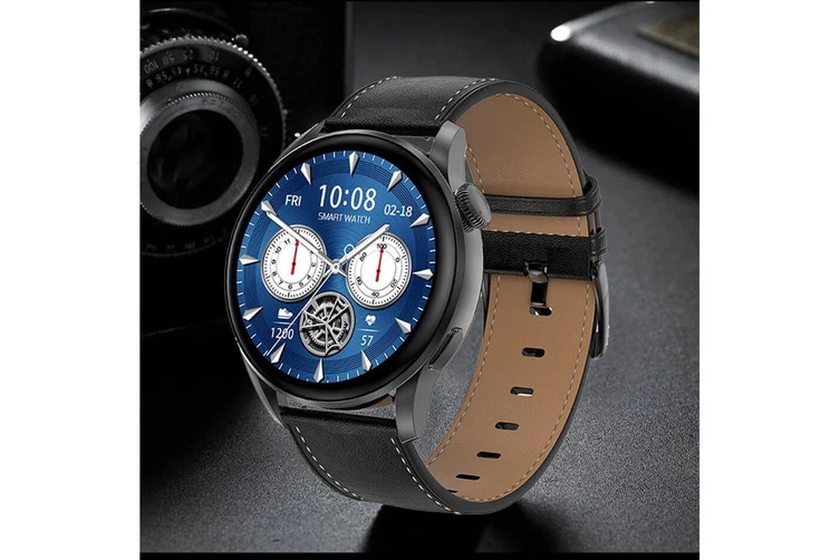 New Bluetooth Call Smart Watch Men Women 1.36 Inch round Screen HD 390*390 Pixel Take Pictures Remotely Smartwatch Man+Box - Black Leather Belt