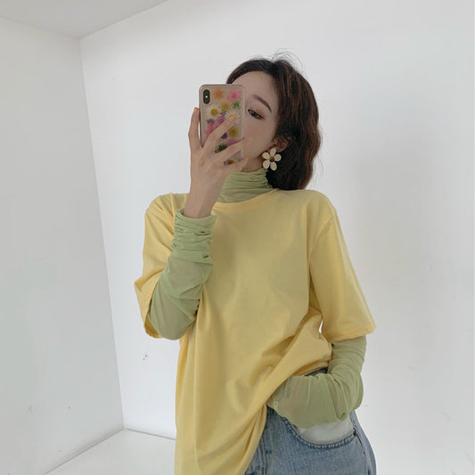 Mesh Bottoming Shirt Candy Color Cascading Collar Long Sleeve T-shirt
