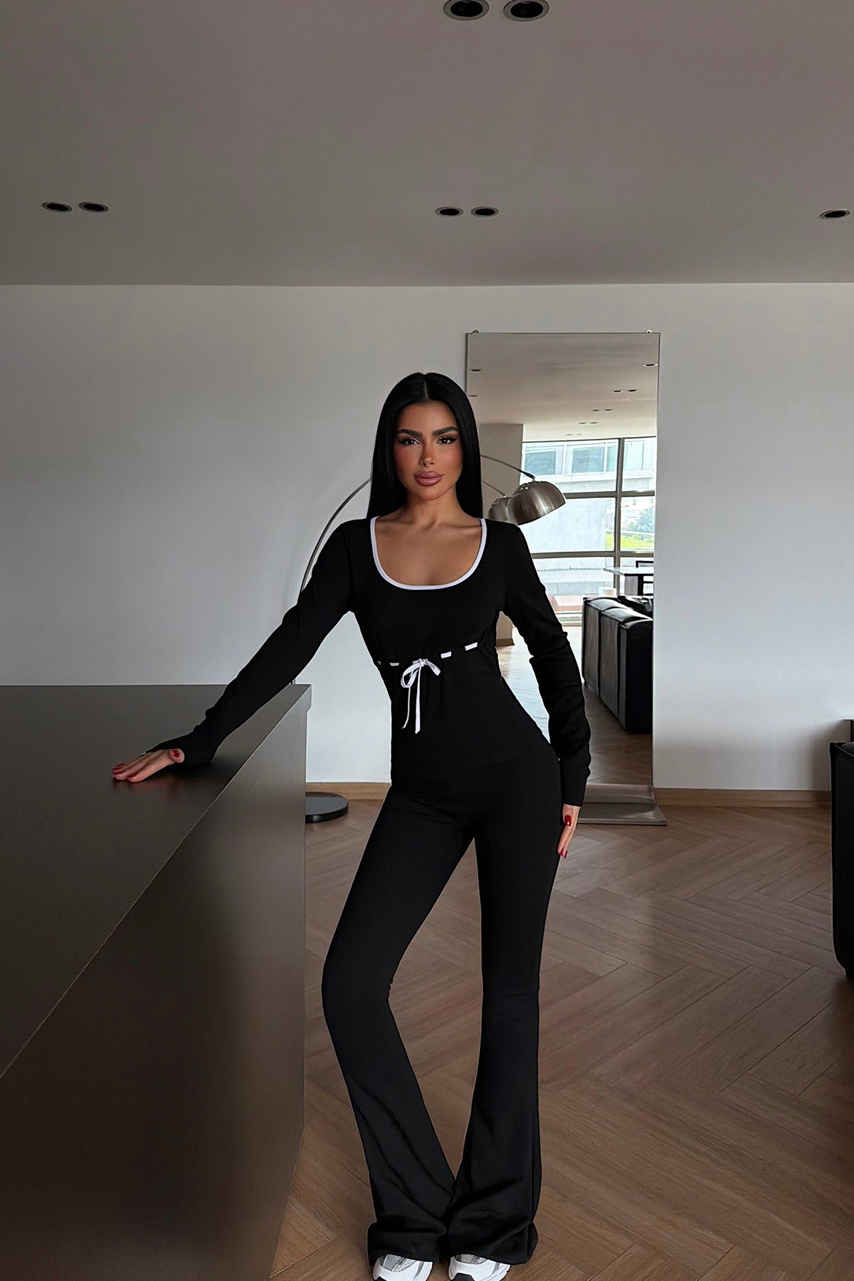 Long-sleeve Drawstring Top And Floor-length Pants Two-piece Set
