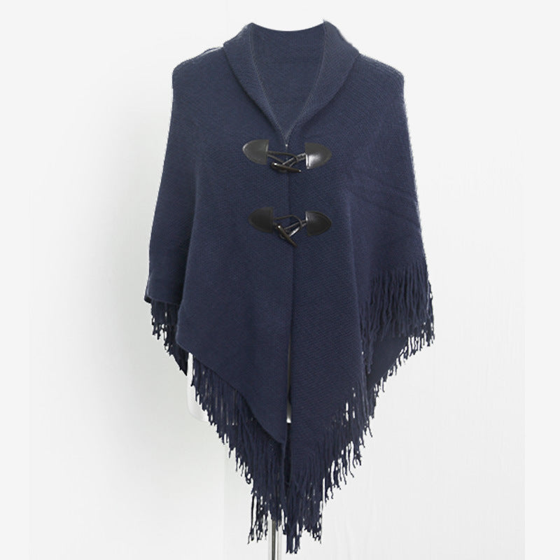 Fringed cloak shawl warmth and thick solid color