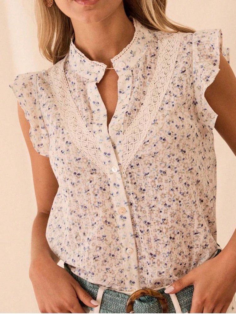 Womens Printed Floral Lace-Patchwork Cap Sleeve Shirt