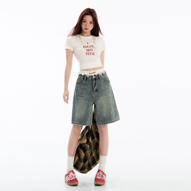 Womens Retro Blue High-Waisted Straight-Leg Cropped Denim Shorts