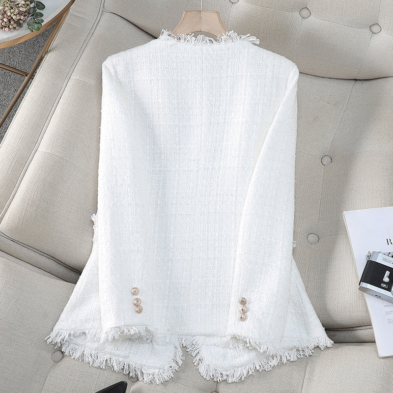 French Socialite Elegant V-neck Double-breasted Tweed Top