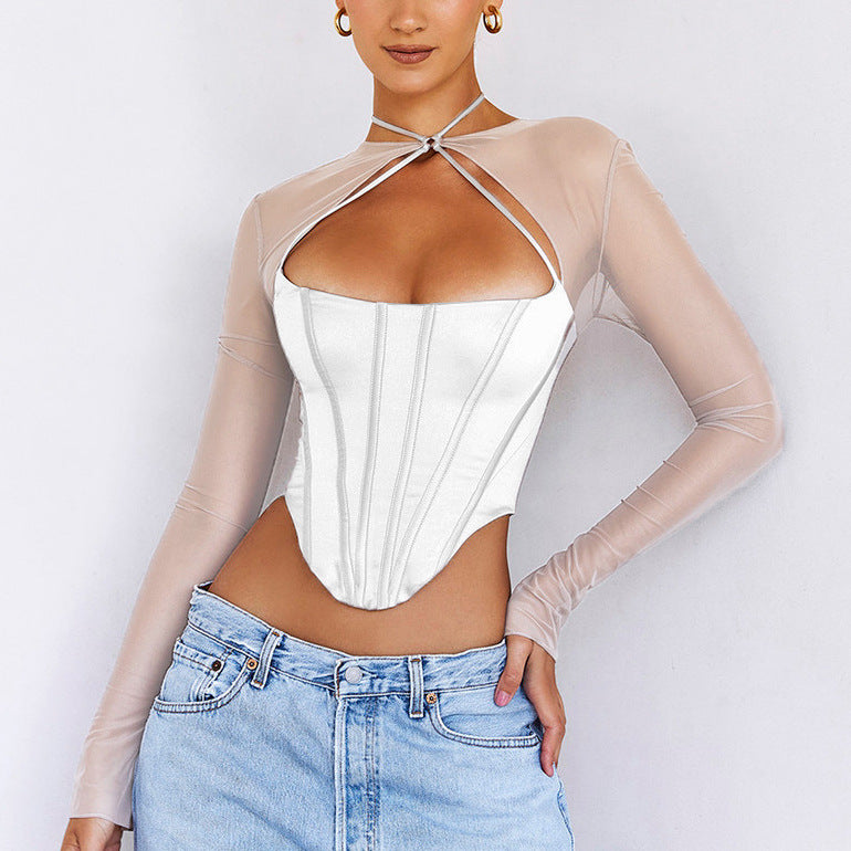 Fashion Fish Bone Hollowed Out Perspective Mesh Gauze Color Ding Top Female