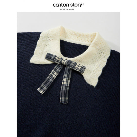 FallWinter Preppy-Style Color-Block All-Match Peter Pan Collar Sweater For Women