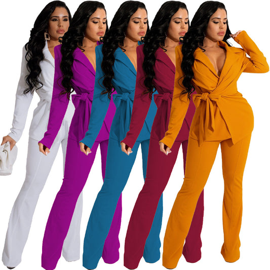 European And American Women's Stand Solid Color Fashion V-neck Two-piece Suit