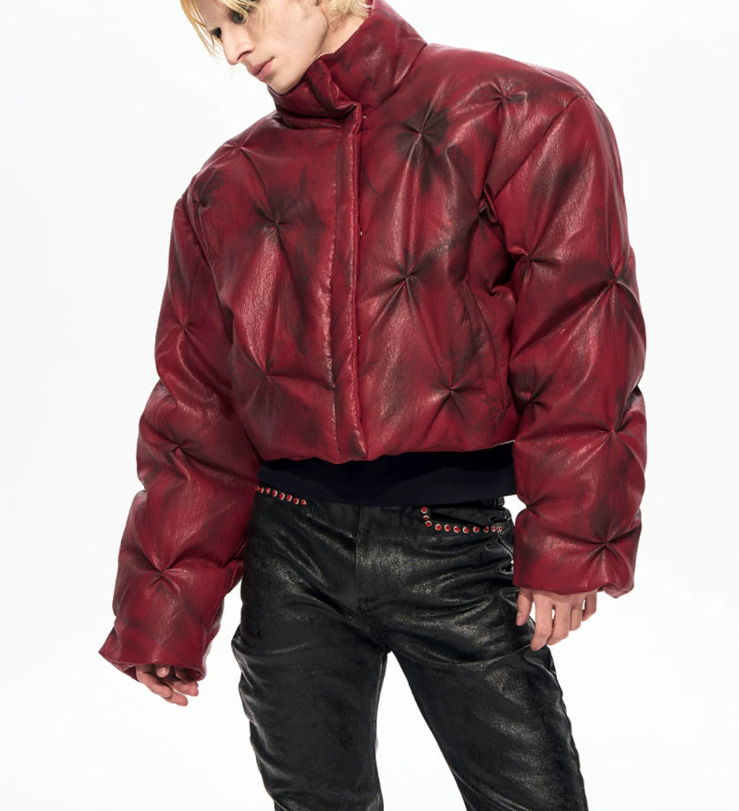 Cropped Leather Puffer Jacket With A Stand-up Collar And Shirring