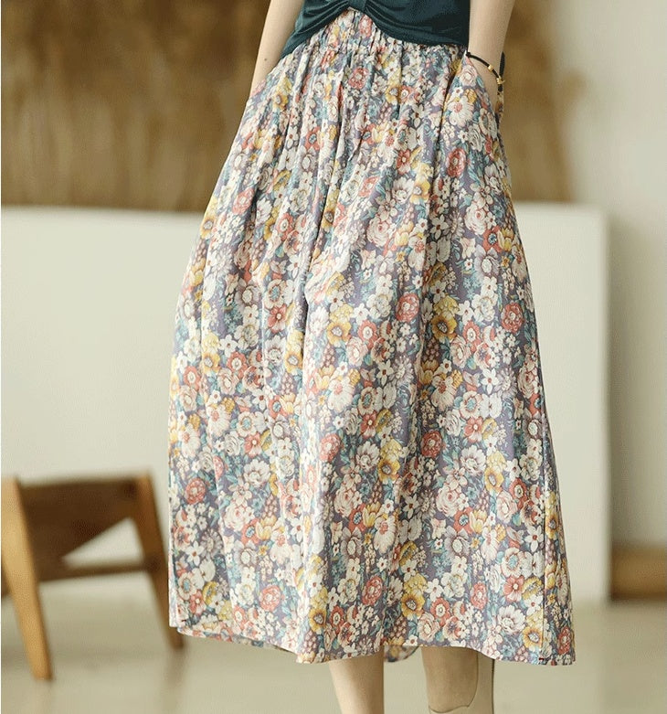 High Waist Retro Printed A- Line Loose Floral Skirt