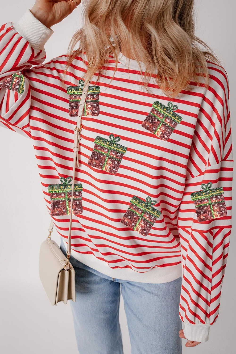Orange Stripe Sequin Christmas Gift Patch Drop Shoulder Sweatshirt