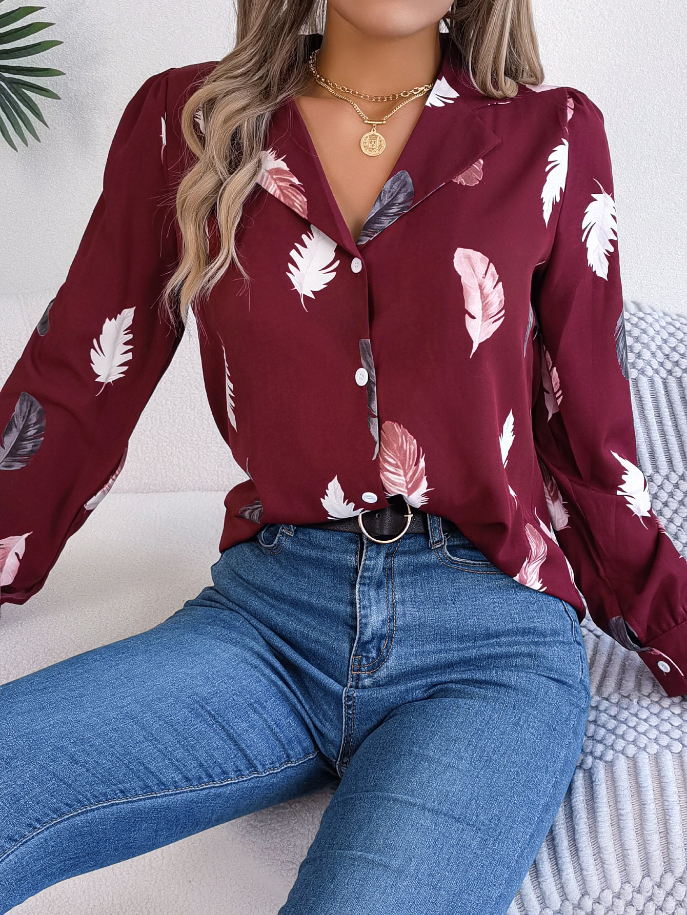 Women's Elegant Feather Print Notched Lapel Long Sleeve Shirt