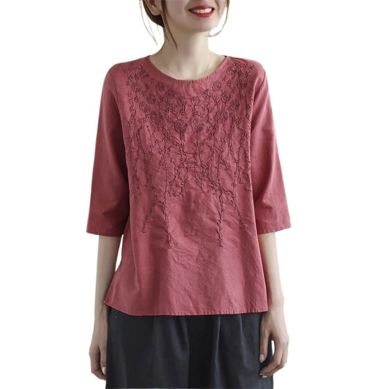 Artistic Retro Cotton And Linen Solid Color Half Sleeve