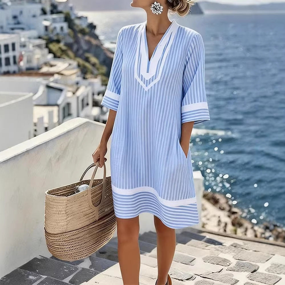 V-hals boheme-print løstsiddende strandkjole