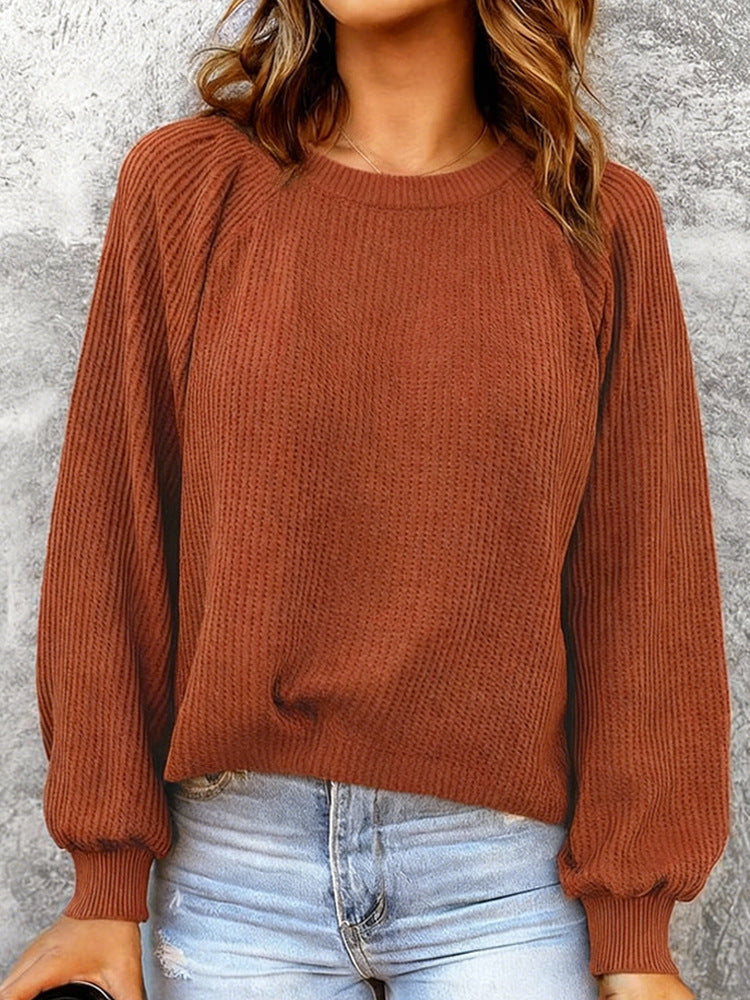 Fashionable Solid-Color Waffle-Knit Long-Sleeve Pullover Top