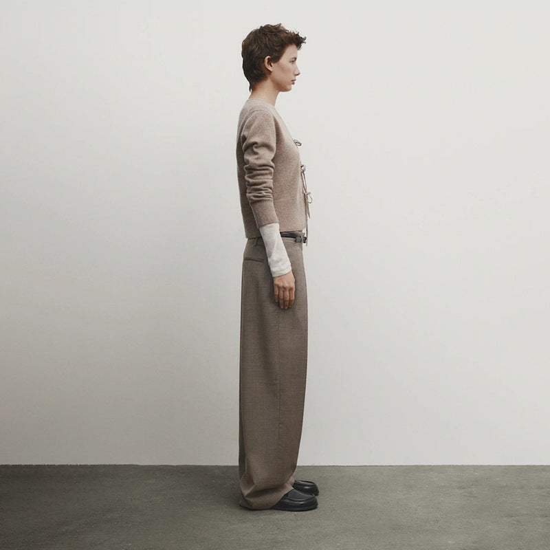 Solid Color And V-neck Rope Casual Minimalist Long Sleeve Sweater For Women