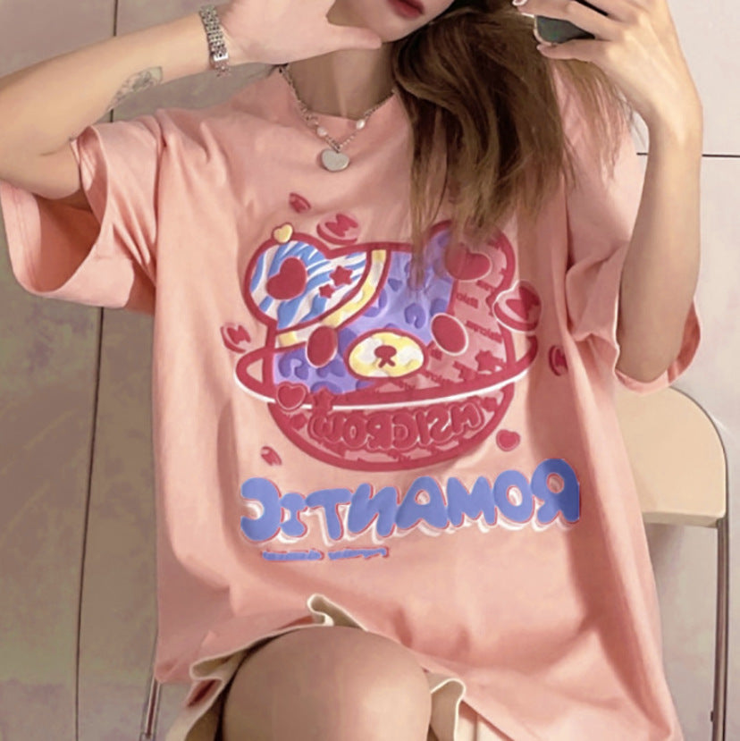 Women's Cotton Loose Foam Pattern Short Sleeve T-shirt
