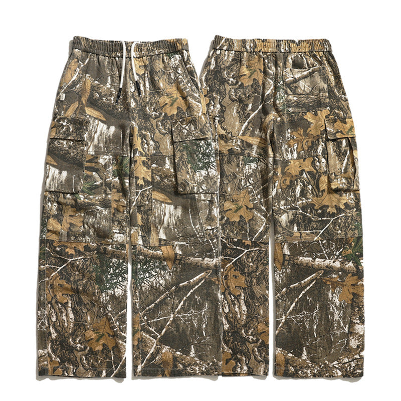 Retro Washed Distressed Camouflage Multi-pocket Wide-leg Draggle-tail Trousers