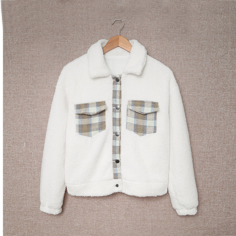 Women's Plaid Stitching Woolen Coat With Pockets