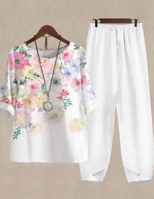 Womens Casual Crew-Neck Cropped-Sleeve Top Set