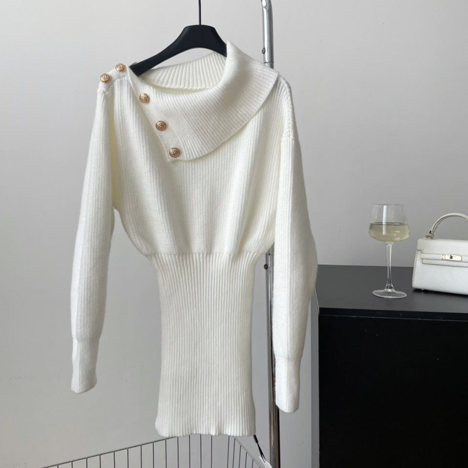 Pure Desire Style Oblique Shoulder Long Sleeve Knitted Dress For Women